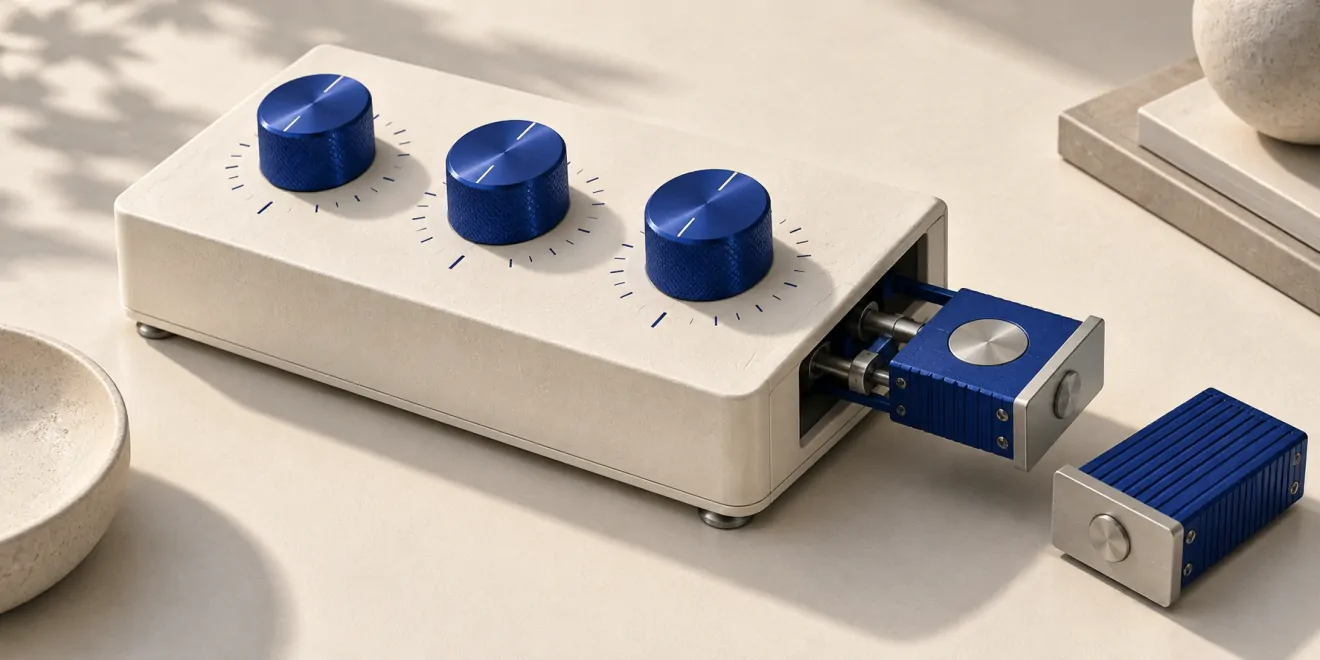 Editorial illustration of a control console with blue adjustment knobs and replaceable configuration modules.