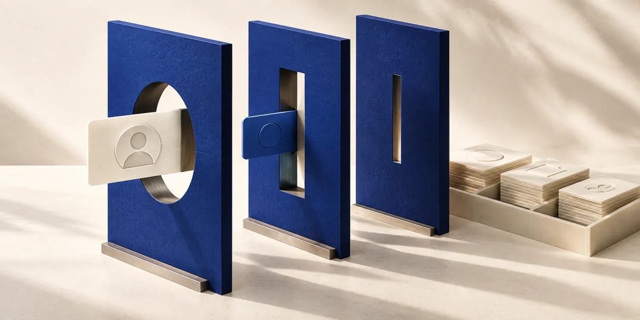 Editorial illustration of identity cards passing through distinct blue access partitions beside organized records.