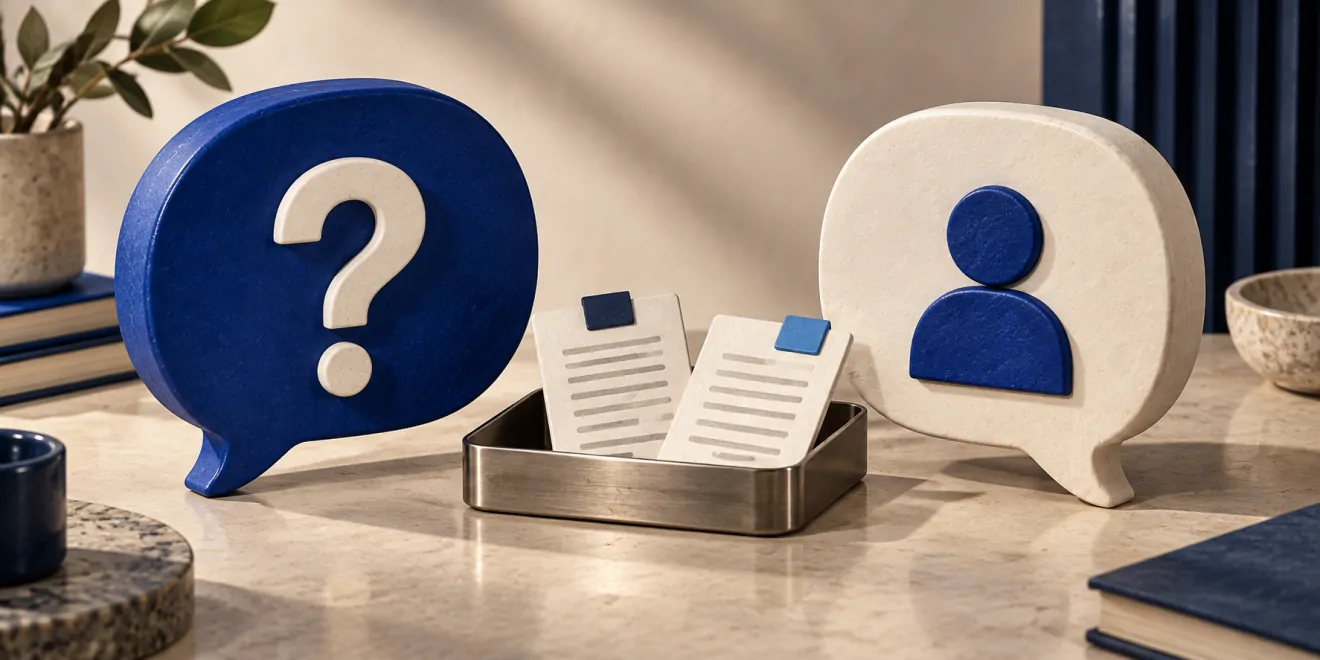 Editorial illustration of a blue question bubble and a human reviewer beside two policy documents awaiting review.