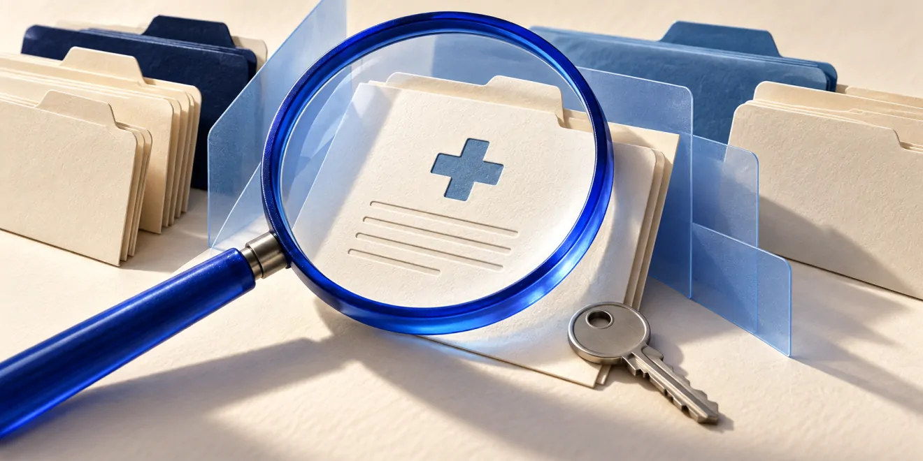 Editorial illustration of a blue magnifying lens over a medical reference folder, with a key representing access permissions.
