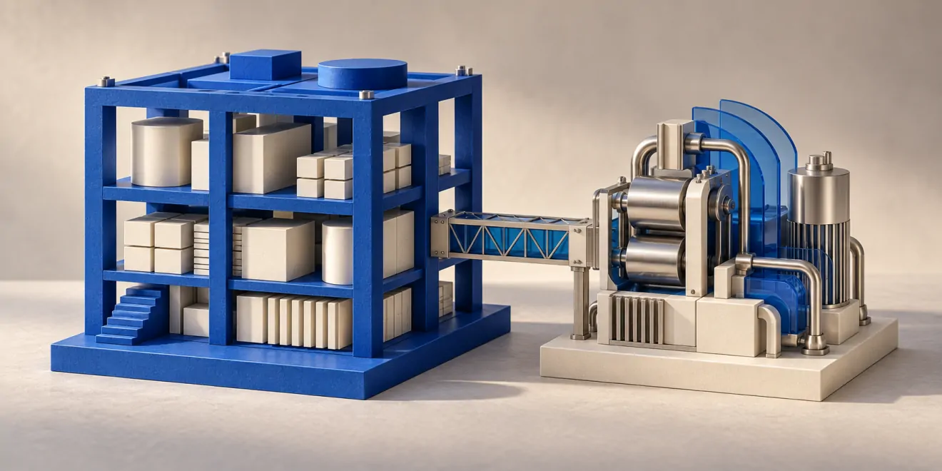 Editorial illustration of a blue modular platform connected to an independently housed processing machine.