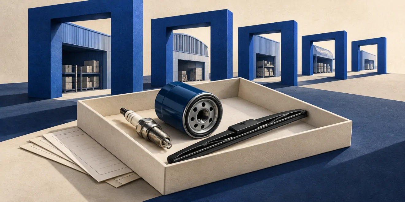 Editorial illustration of auto parts gathered in one tray in front of several blue supplier portals.
