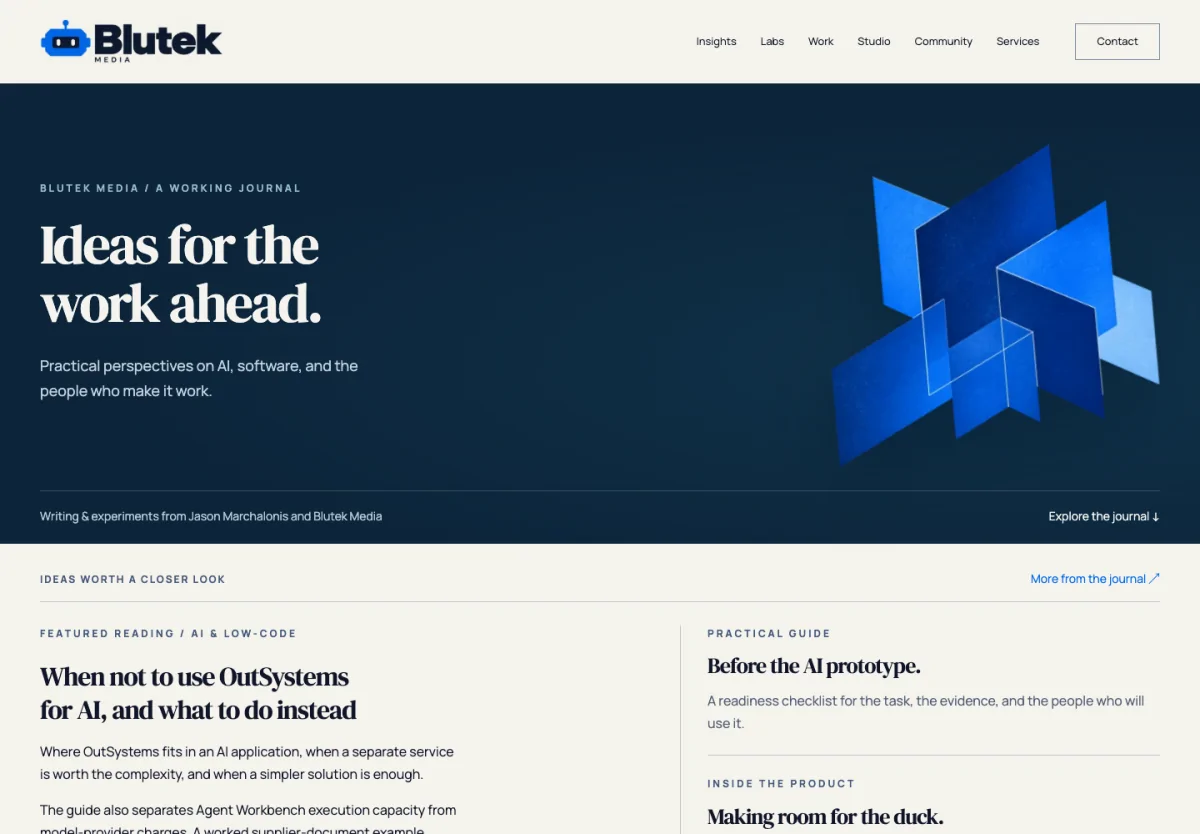 The Blutek Media homepage retaining its navy editorial header and layered blue artwork after optimization