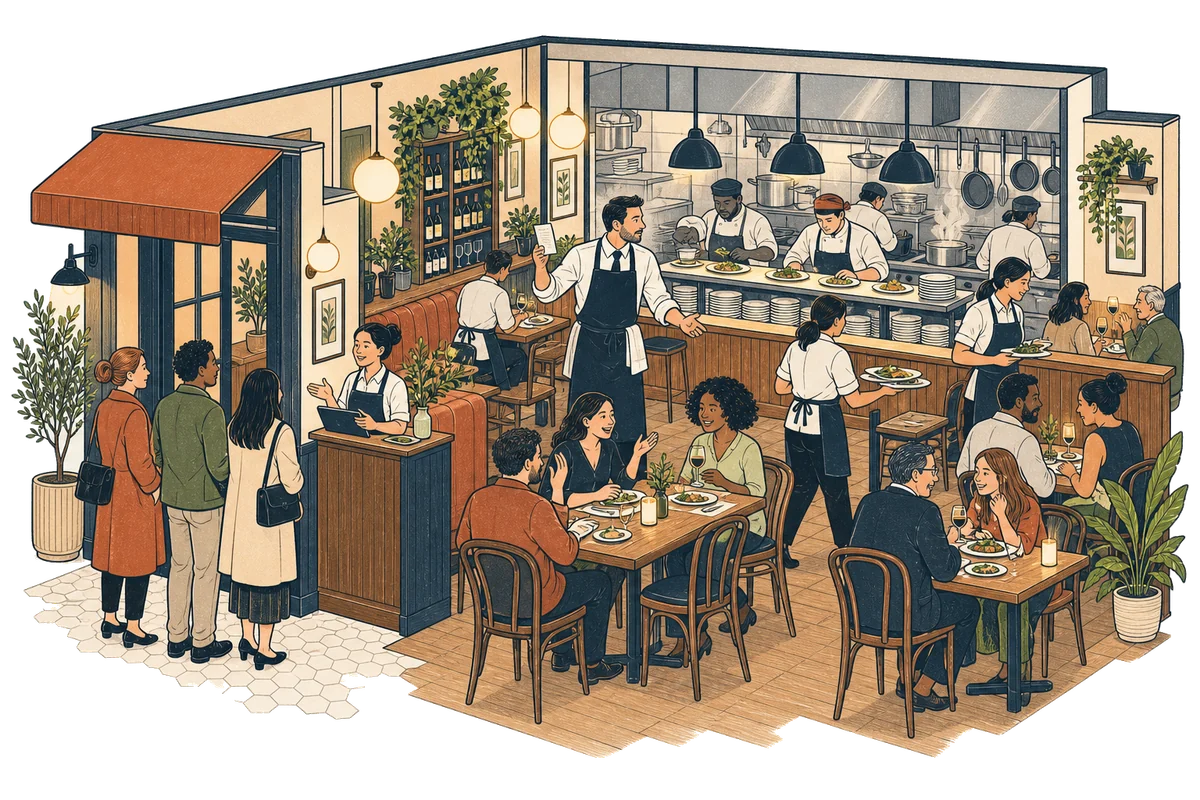 Illustrated restaurant team handling a busy service