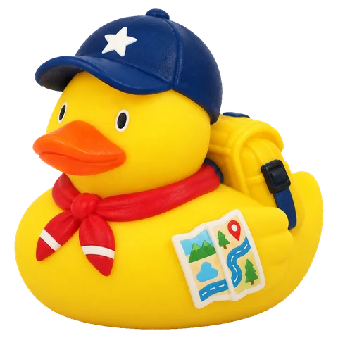 Roadie, a yellow travel duck with a cap, scarf, backpack, and map