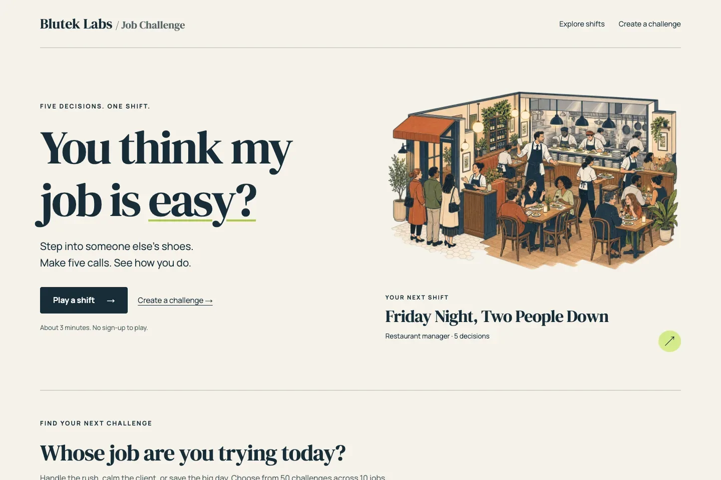 Job Challenge home screen featuring a busy restaurant shift