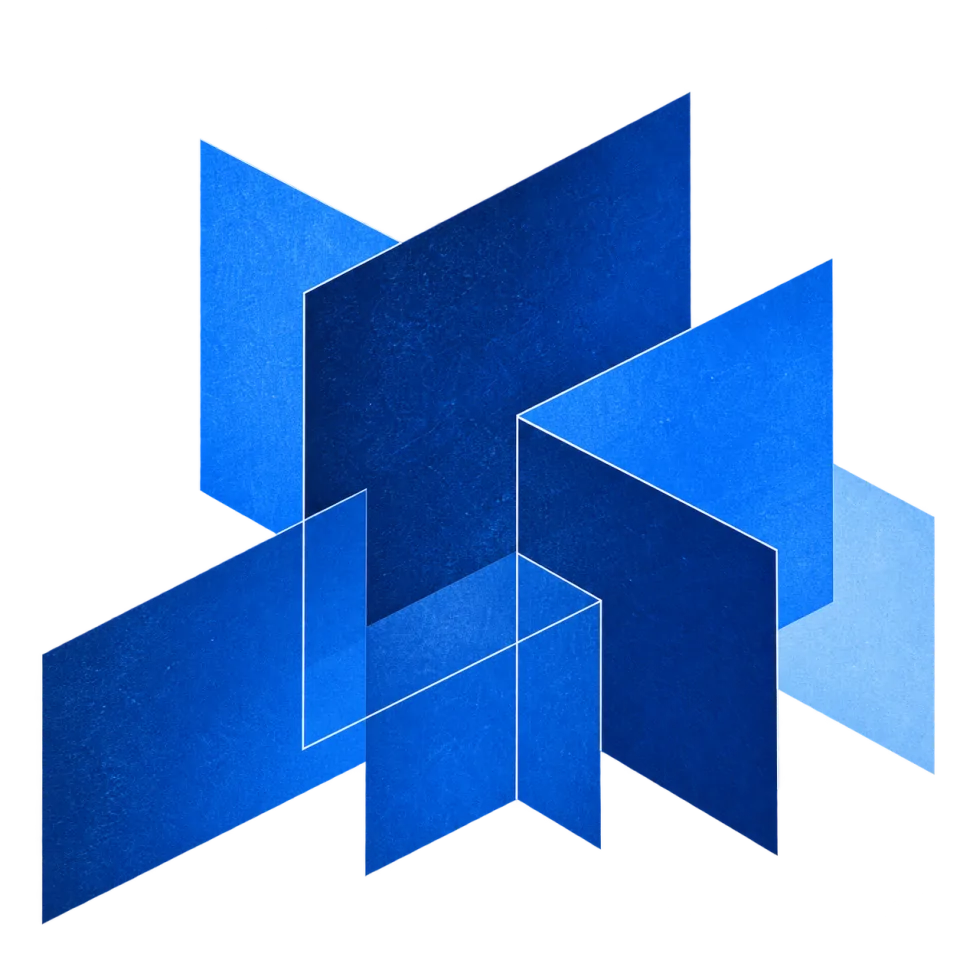 Layered blue architectural forms illustrating the Blutek Media studio